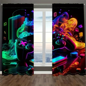 Lichtdoorlatende Gordijnen - 2 Stuks met Kleurrijke Gaming Controller Print voor Slaapkamer en Woonkamer