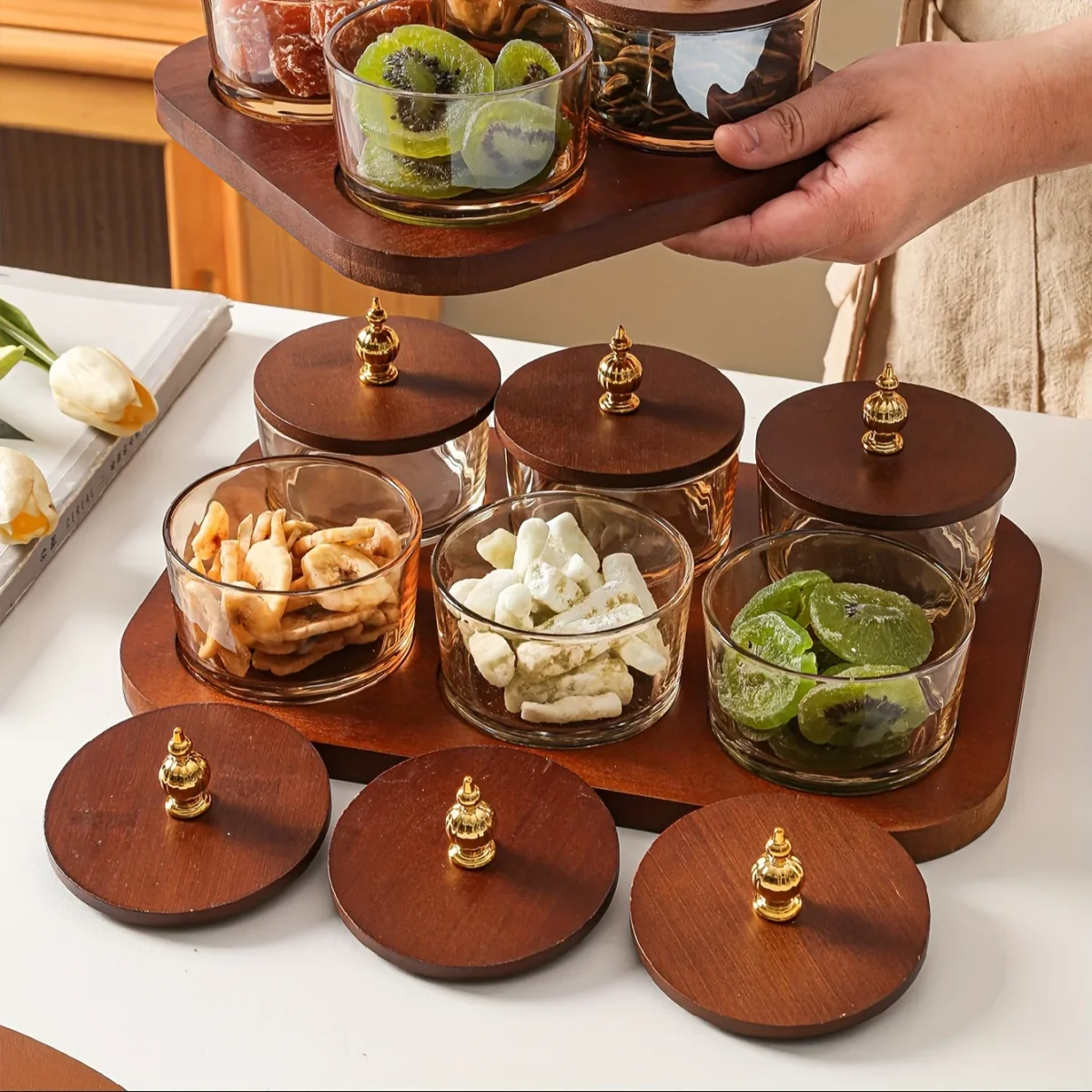 GlassSet - Luxe Glazen Snackkommen met Acaciahouten Dienblad - Afbeelding 3