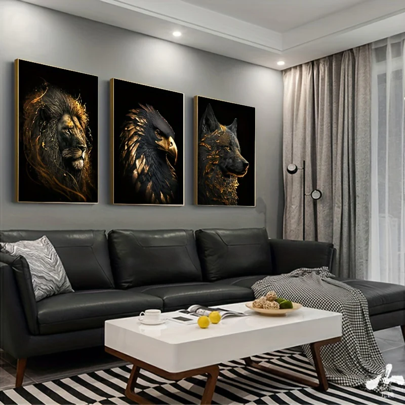 3pcs Unframed Canvas Poster - Moderne Kunst, Abstracte Schilderijen van de Gouden Leeuw en Arend, Ideaal Cadeau voor Slaapkamer, Woonkamer, Gang, Wanddecoratie, Winterdecoratie, Kamerversiering - Afbeelding 3