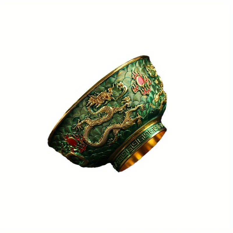 DragonBowl - Vintage Gouden Kom met Antieke Gesneden Dubbele Draken voor Huisdecoratie - Afbeelding 4