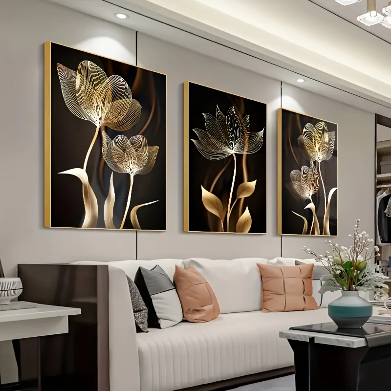 3-delige Luxe Canvas Posters - Gouden Bloemen Kunstwerken, Wanddecoratie voor Woonkamer, Slaapkamer, Kantoor, Hal en Keuken, Zonder Lijst - Afbeelding 3