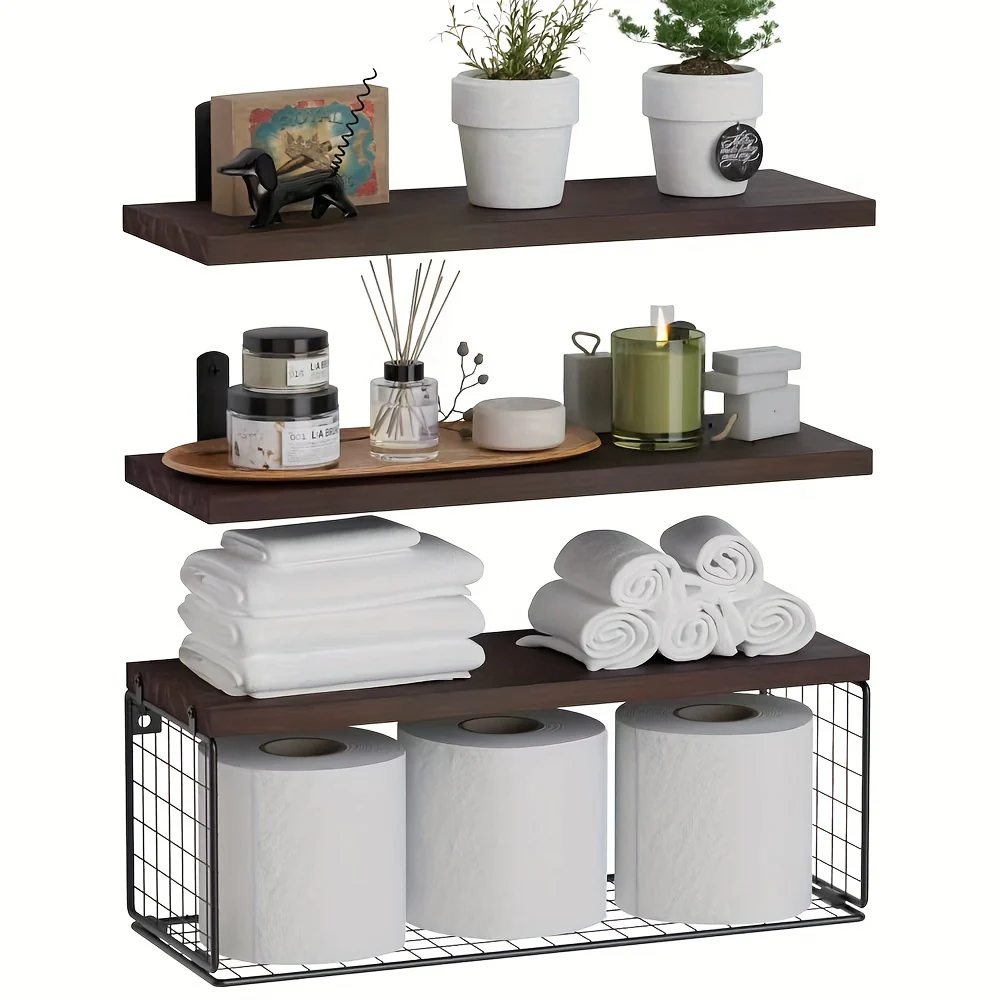 ShelfSet - Houten Drijvende Opbergrekken - Set van 3 Badkamer Planken - Afbeelding 3