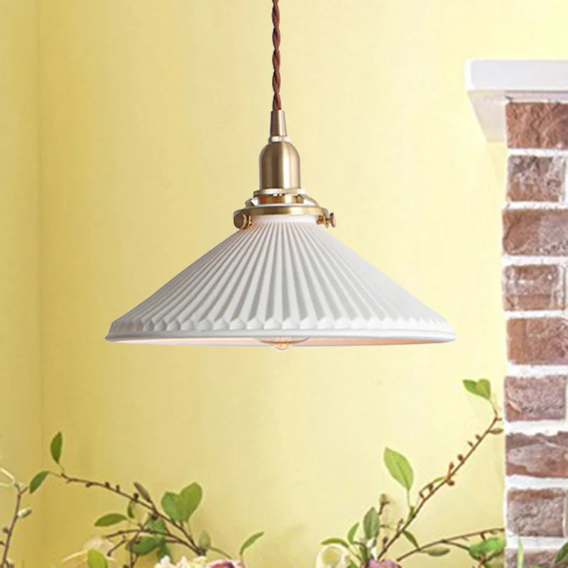 Witte Keramische Hanglamp met Geribbelde Kap - Afbeelding 7