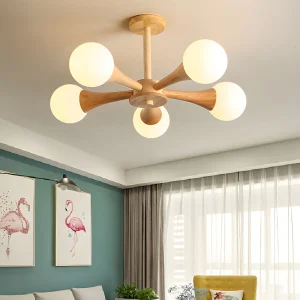 NordicGlow - Scandinavische Houten Kroonluchter met Glazen Lampenkappen