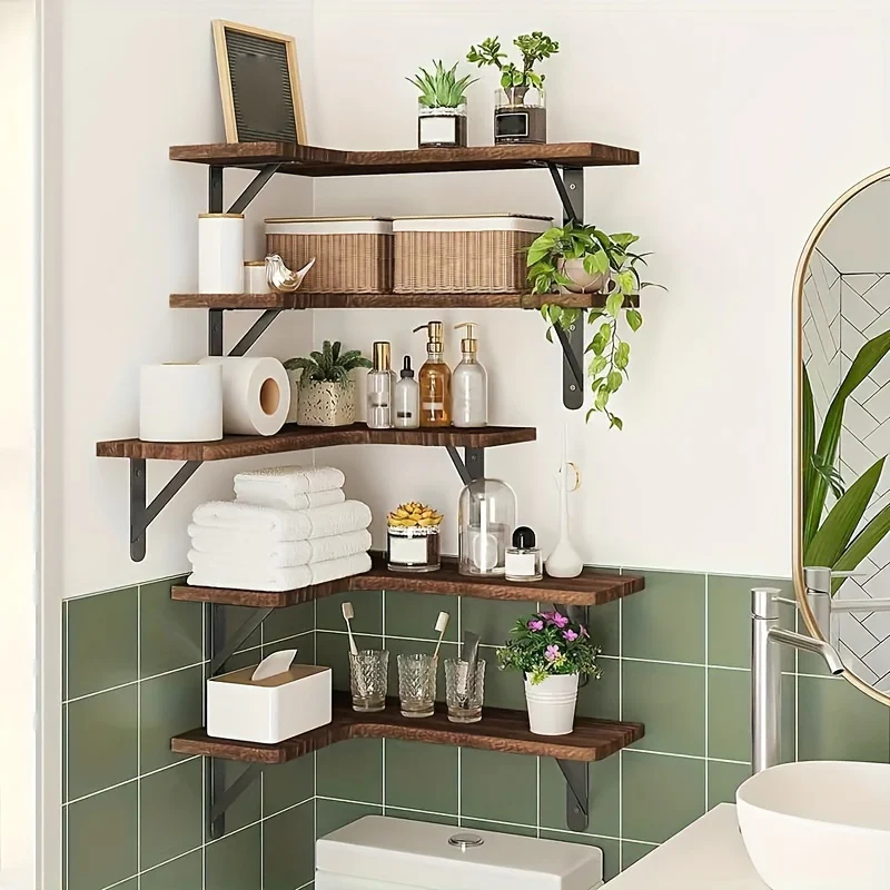 RusticCorner - 3/5 Stuks Zwevende Hoekplank - Houten Wanddecoratie en Opbergrek - Afbeelding 9