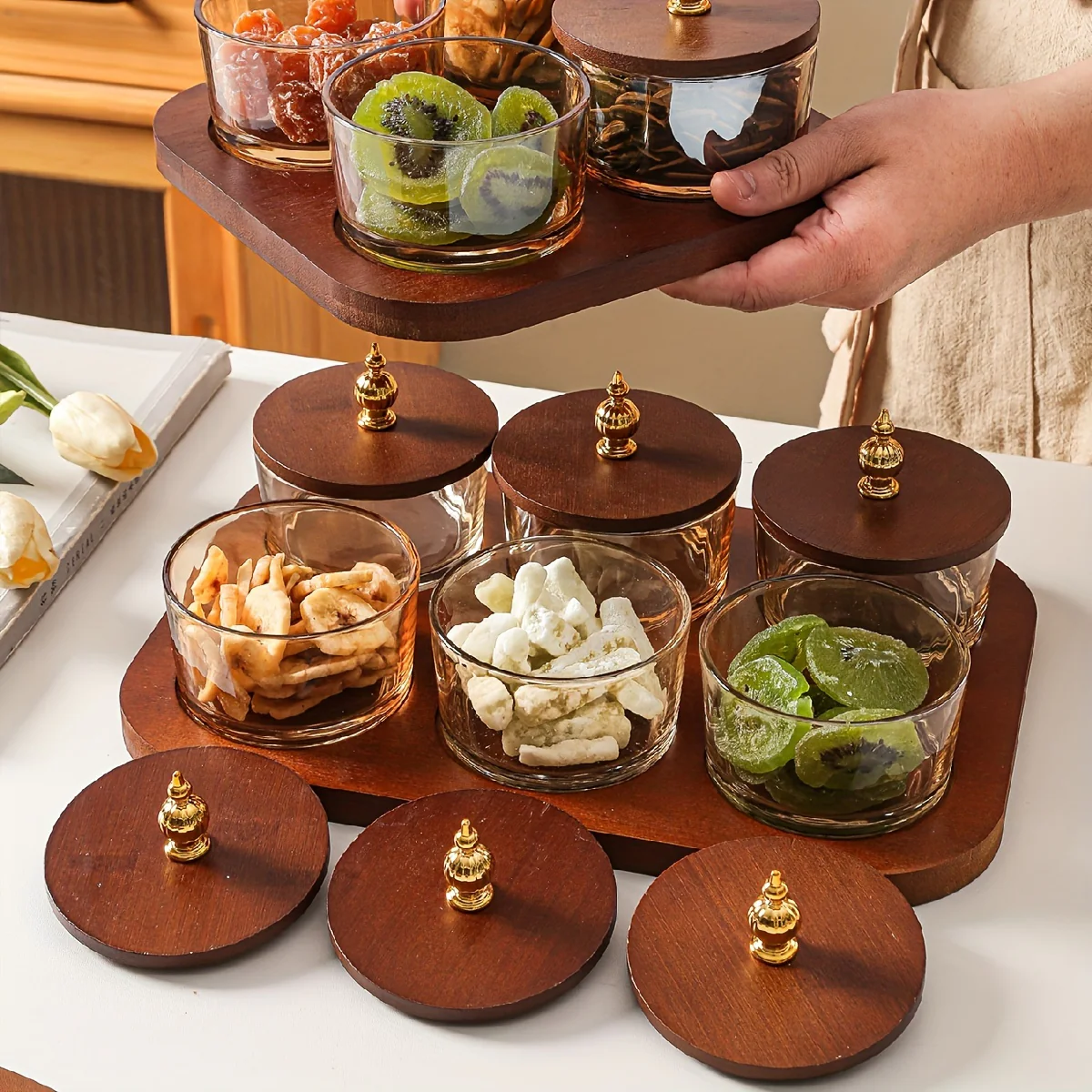 GlassSet - Luxe Glazen Snackkommen met Acaciahouten Dienblad - Afbeelding 5