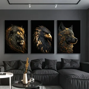 3pcs Unframed Canvas Poster - Moderne Kunst, Abstracte Schilderijen van de Gouden Leeuw en Arend, Ideaal Cadeau voor Slaapkamer, Woonkamer, Gang, Wanddecoratie, Winterdecoratie, Kamerversiering