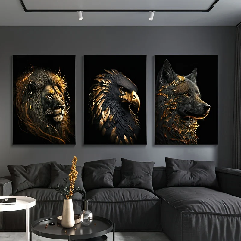 3pcs Unframed Canvas Poster - Moderne Kunst, Abstracte Schilderijen van de Gouden Leeuw en Arend, Ideaal Cadeau voor Slaapkamer, Woonkamer, Gang, Wanddecoratie, Winterdecoratie, Kamerversiering