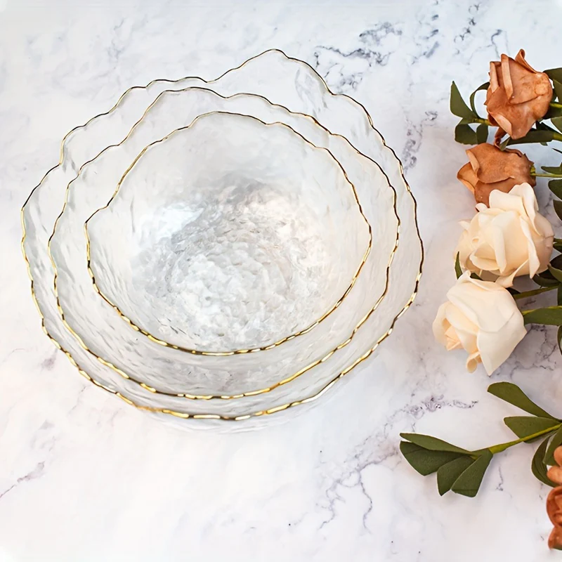 GlasEdge - 3-delige Set Gouden Rand Transparante Saladekommen - Afbeelding 2