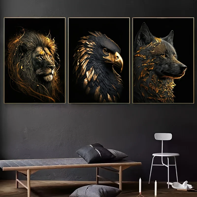 3pcs Unframed Canvas Poster - Moderne Kunst, Abstracte Schilderijen van de Gouden Leeuw en Arend, Ideaal Cadeau voor Slaapkamer, Woonkamer, Gang, Wanddecoratie, Winterdecoratie, Kamerversiering - Afbeelding 4