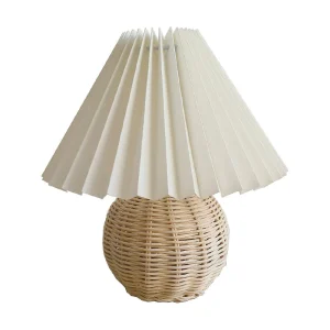 Ronde Bamboe Rattan Tafellamp - Modernistische Witte Nachtlamp met Pagodevormige Stoffen Lampenkap