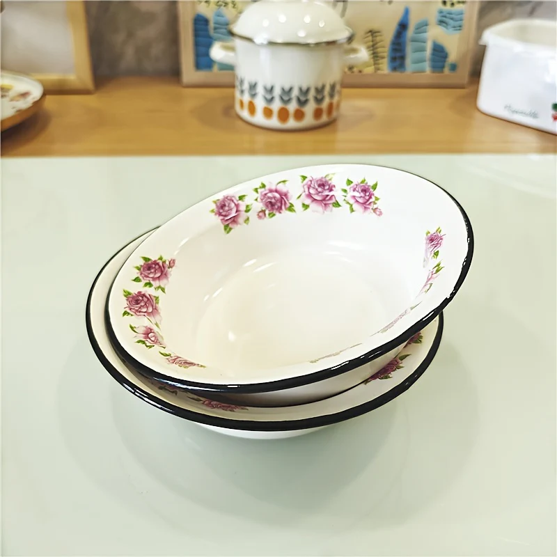 FlowerEnamel - 3-delige Set Vintage Bloemen Emaille Kommen voor Keuken & Eetkamer - Afbeelding 4