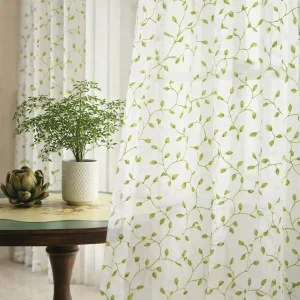 Zeva - Geborduurde Bladeren Semi-transparante Gordijnen met Oogjes, Groen/Wit