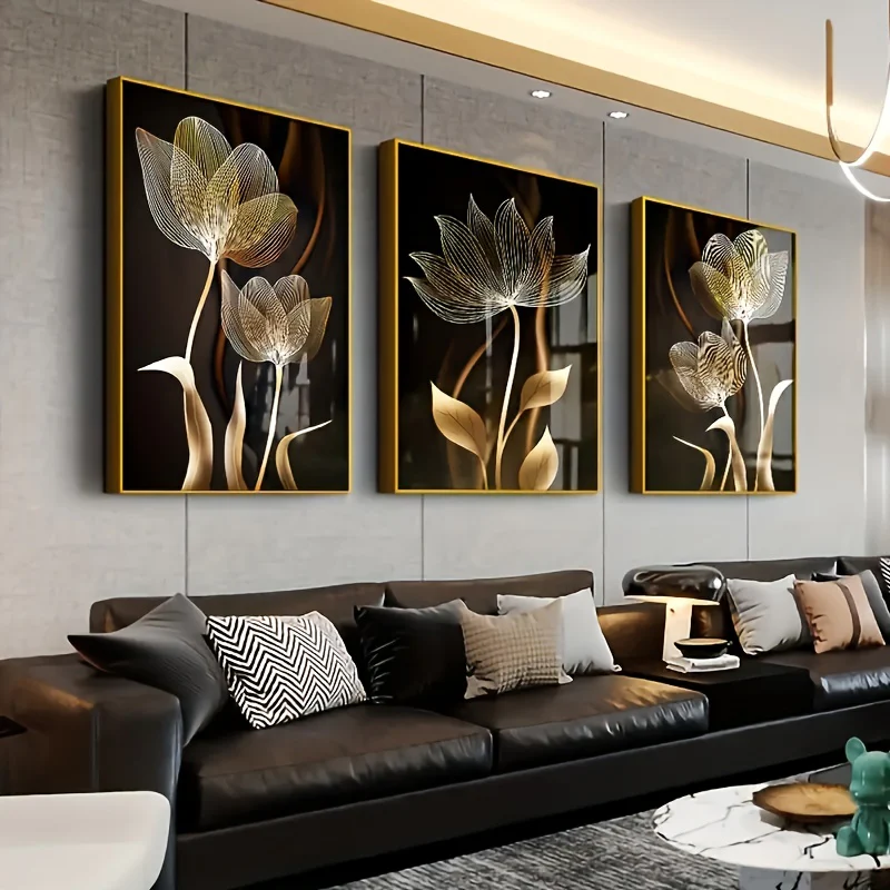 3-delige Luxe Canvas Posters - Gouden Bloemen Kunstwerken, Wanddecoratie voor Woonkamer, Slaapkamer, Kantoor, Hal en Keuken, Zonder Lijst - Afbeelding 5