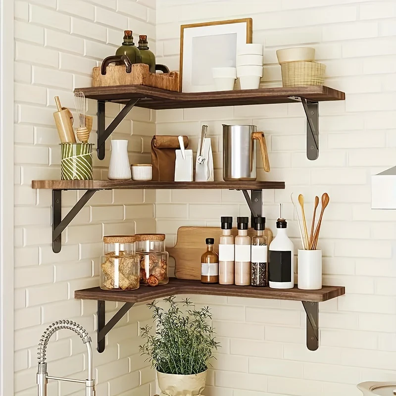 RusticCorner - 3/5 Stuks Zwevende Hoekplank - Houten Wanddecoratie en Opbergrek - Afbeelding 8