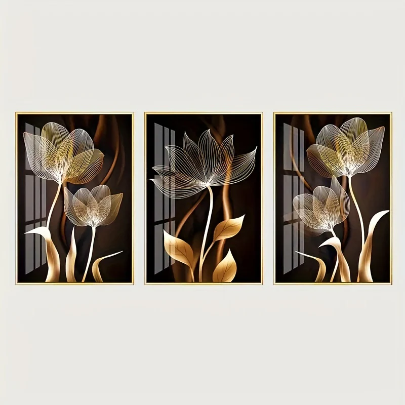 3-delige Luxe Canvas Posters - Gouden Bloemen Kunstwerken, Wanddecoratie voor Woonkamer, Slaapkamer, Kantoor, Hal en Keuken, Zonder Lijst - Afbeelding 6