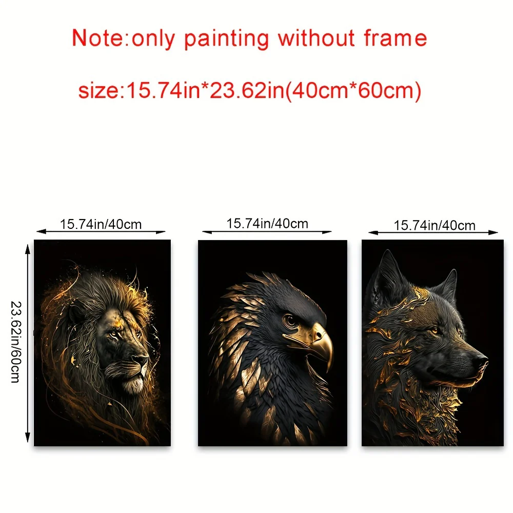 3pcs Unframed Canvas Poster - Moderne Kunst, Abstracte Schilderijen van de Gouden Leeuw en Arend, Ideaal Cadeau voor Slaapkamer, Woonkamer, Gang, Wanddecoratie, Winterdecoratie, Kamerversiering - Afbeelding 6