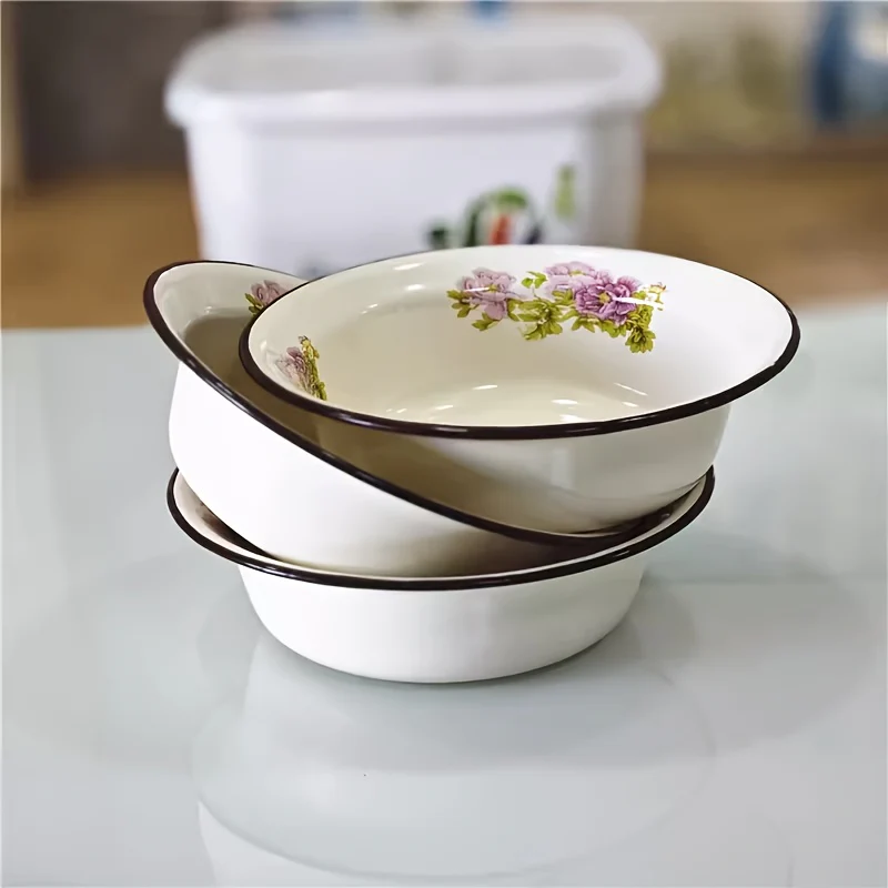 FlowerEnamel - 3-delige Set Vintage Bloemen Emaille Kommen voor Keuken & Eetkamer - Afbeelding 9