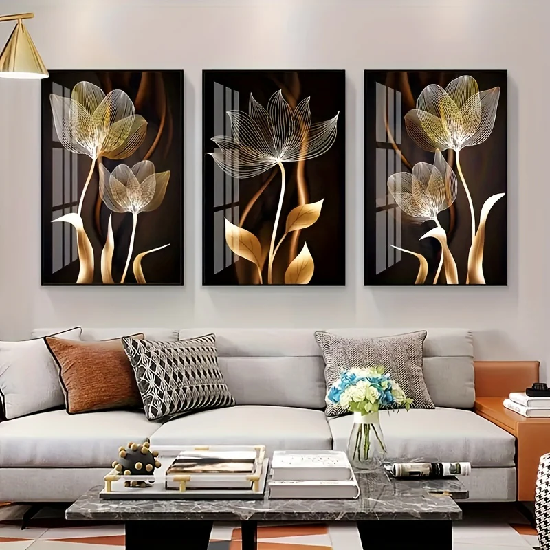 3-delige Luxe Canvas Posters - Gouden Bloemen Kunstwerken, Wanddecoratie voor Woonkamer, Slaapkamer, Kantoor, Hal en Keuken, Zonder Lijst - Afbeelding 4